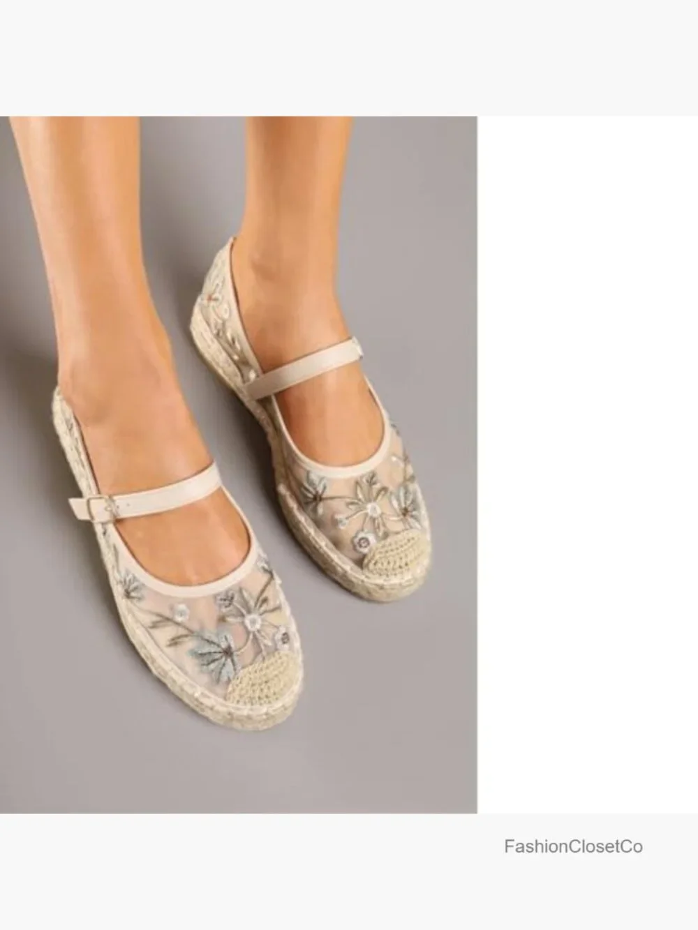 Embroidered Mesh Mary Jane Espadrille Ballet Flats